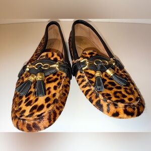 FLAG LTD NAPPA GLOVE LEOPARD CALF HAIR TASSELED LOAFERS SZ 7.5
